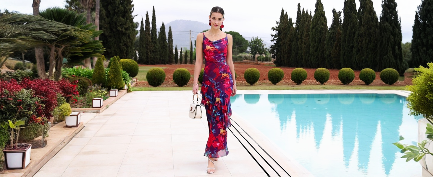 ＊新品⭐️glamorous garden / size S ＊ PRETTYGARDEN Women's Boho Floral Tiered Maxi Dress,01 Dot Burgundy